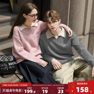 情侣款 唐狮2025秋冬季 假两件左胸绣花翻领毛线衫 史努比联名款