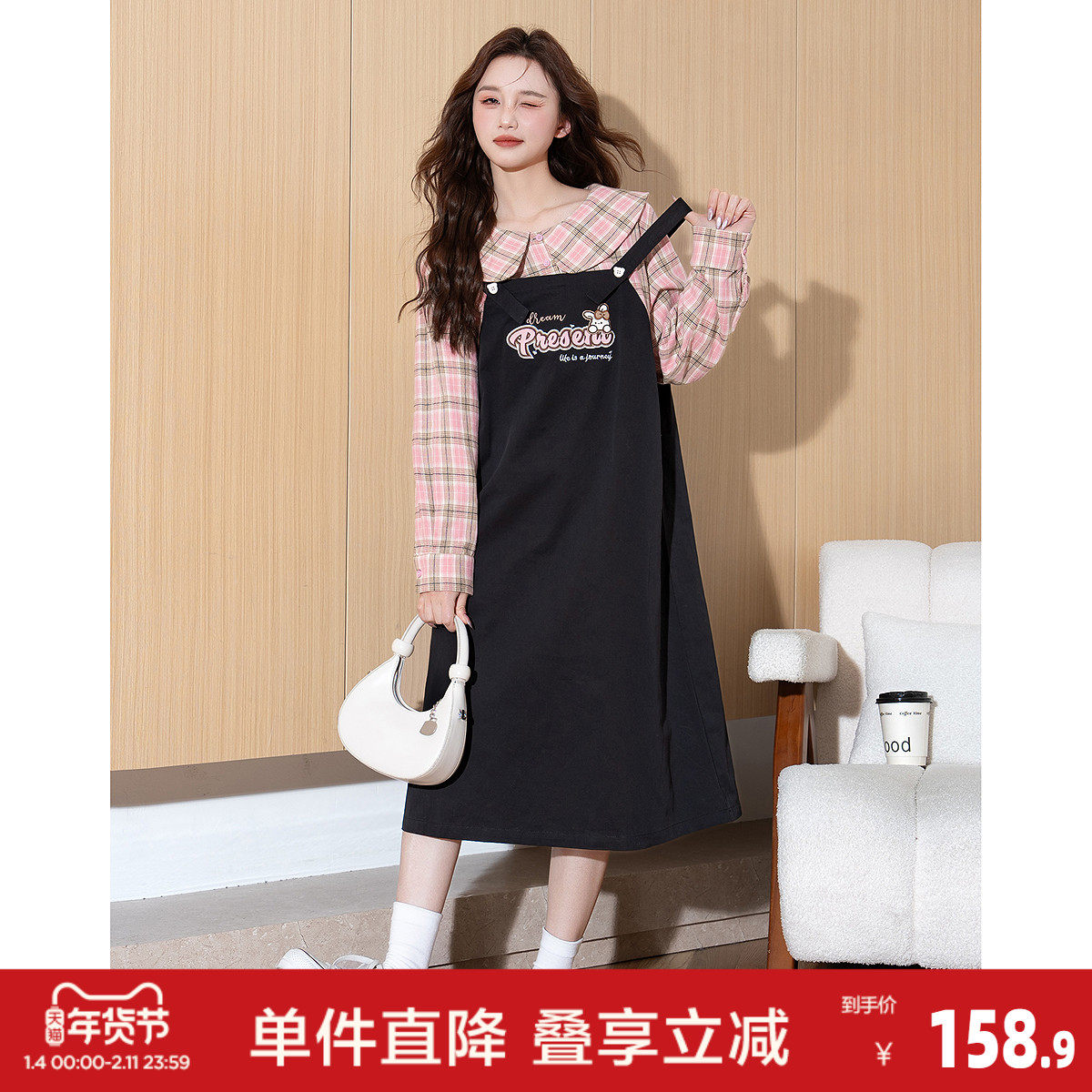 唐狮夏季假两件背带连衣裙女牛仔背带裙黑色裙子小个子独特好看f7