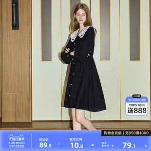 唐狮春装长袖连衣裙女2026早春新款娃娃领衬衫裙小个子黑色裙子