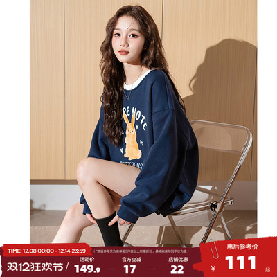 唐狮加绒卫衣女2025春季新款圆领卡通印花套头卫衣撞色休闲卫衣潮