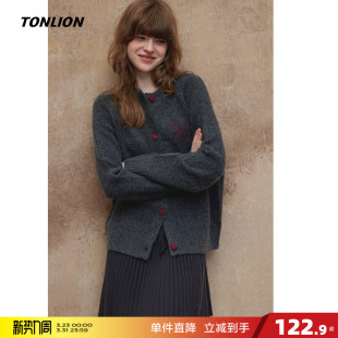 唐狮2026春秋毛衣慵懒风针织开衫 外套女撞色爱心复古毛衣外套