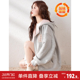 唐狮开春爆款开衫女加绒连帽卫衣宽松休闲韩系外套女春秋季k