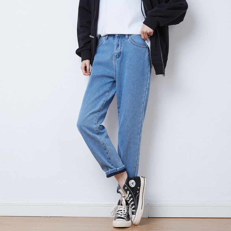 唐狮2021秋冬新款女牛仔裤加绒哈伦显瘦高腰老爹裤ins潮