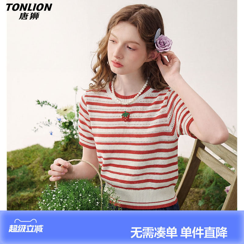 唐狮26夏季新款针织衫女短袖小香风条纹穿搭甜美好看减龄上衣休闲