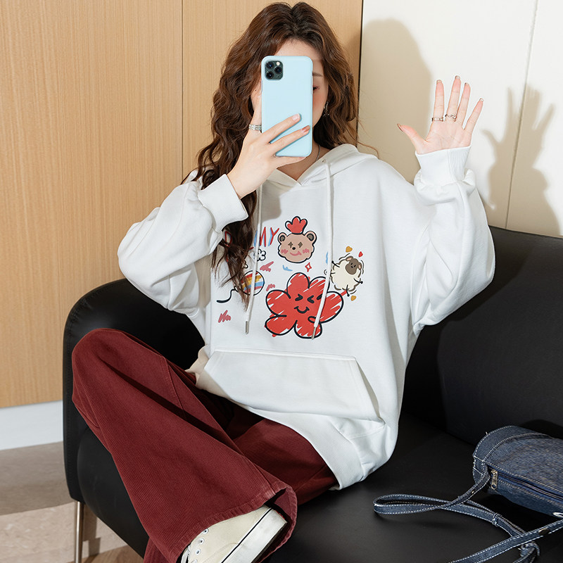 唐狮2024秋季新款女连帽卫衣趣味涂鸦少女卫衣宽松休闲初中生帽衫