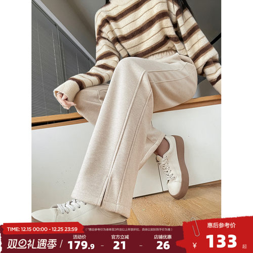 唐狮2025秋冬休闲长裤加绒款宽松毛呢裤高级感小个子女裤保暖