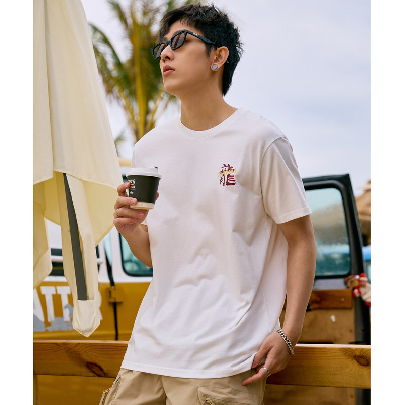 唐狮2024年夏季新款男国潮纯棉短袖T恤龙年小标宽松中国风半袖T恤