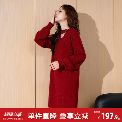 唐狮2026秋冬季连衣裙女长袖短裙红色针织裙温柔风气质小心机设计