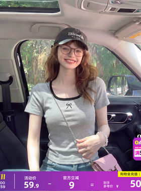 唐狮韩系chic温柔风修身上衣短袖T恤女夏季蝴蝶结甜美系约会穿搭