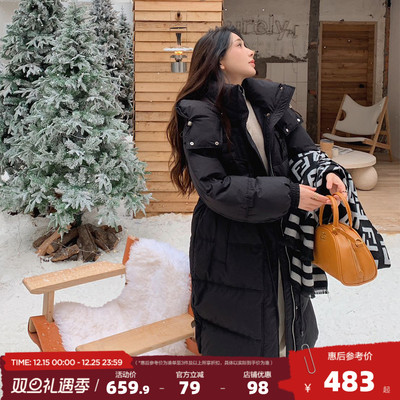 唐狮新款女长款收腰黑色羽绒服女2025新款冬季连帽厚外套慵懒风cq