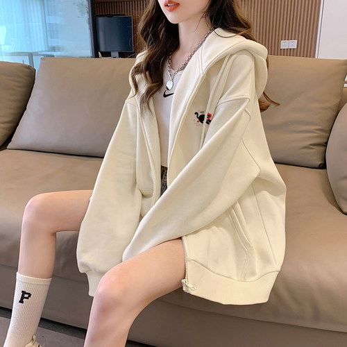 唐狮元气韩系Oversize落肩连帽卫衣女春秋黑猫小印花拉链开衫外套