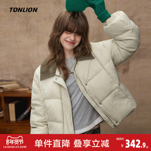 唐狮2026冬季女撞色灯芯绒领子超短款羽绒服简约时尚高级感气质