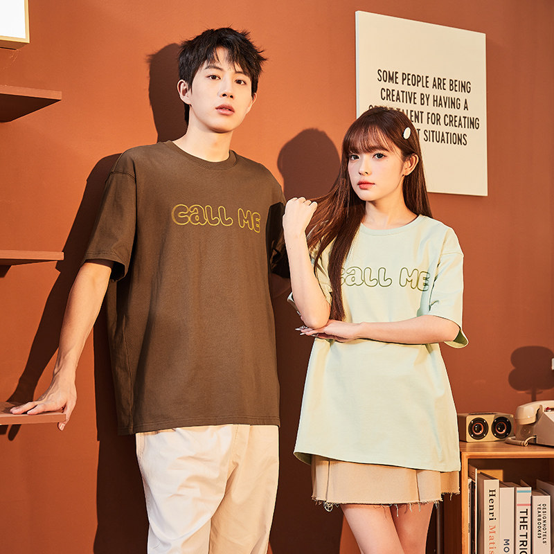 唐狮情侣短袖T恤男女2025夏季新款潮流字母印花宽松圆领休闲上衣