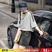 T恤女圆领休闲宽松美式 短袖 复古拼接织带上衣 新款 唐狮2026夏季