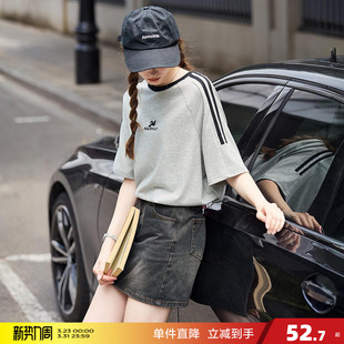 T恤女圆领休闲宽松美式 短袖 复古拼接织带上衣 新款 唐狮2026夏季