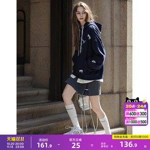 唐狮2026连帽卫衣女卡通印花藏青色蝴蝶结少女可爱风时尚百搭好看