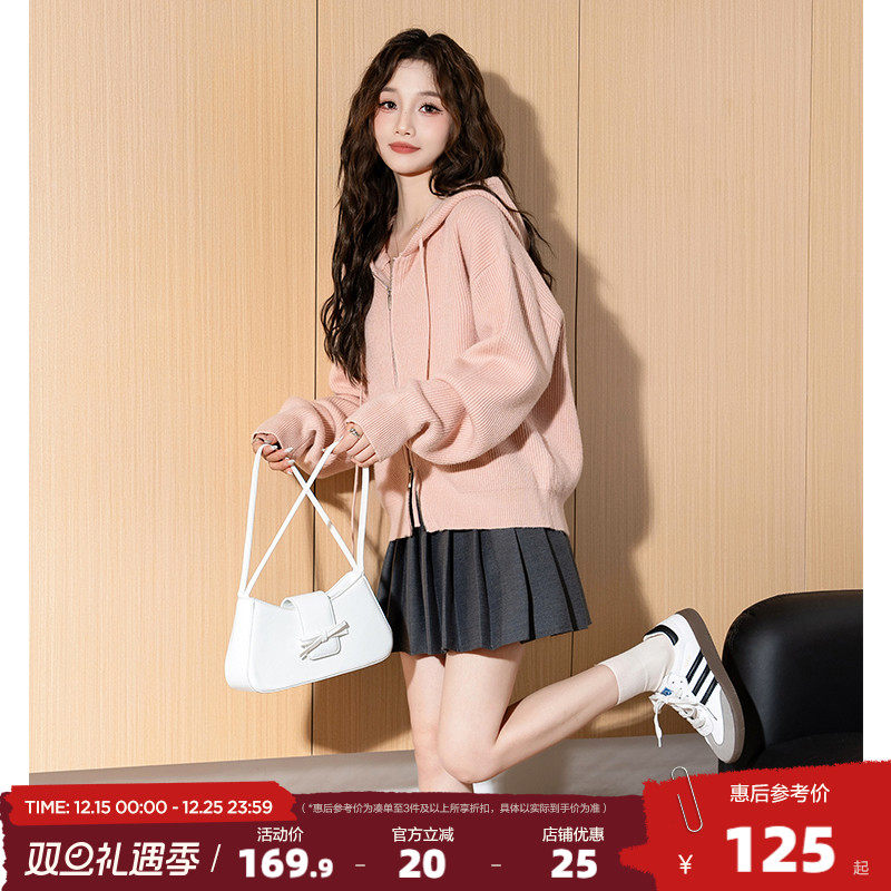 唐狮2025春秋新款超好看连帽毛衣拉链短款针织开衫甜美宽松外套潮