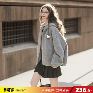 唐狮2026秋冬季 仿羔毛外套棕色拼接格纹好看 连帽加厚外套女短款