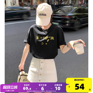 唐狮2025夏季 T恤chic休闲字母印花上衣黑色纯棉圆领 女新款 短袖