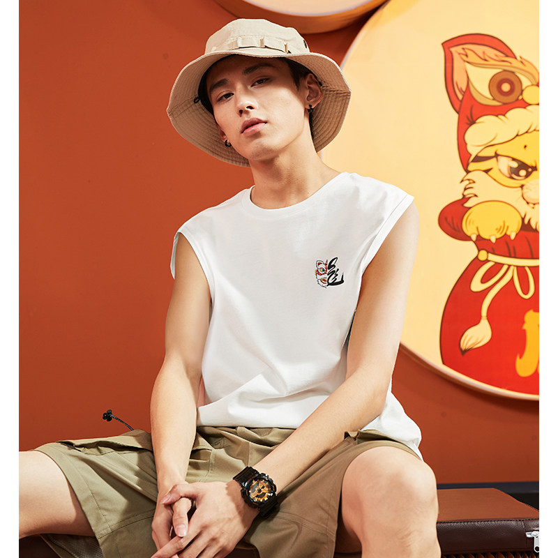 唐狮24夏季新款龙年国潮印花圆领男背心休闲时尚上衣白色无袖T恤