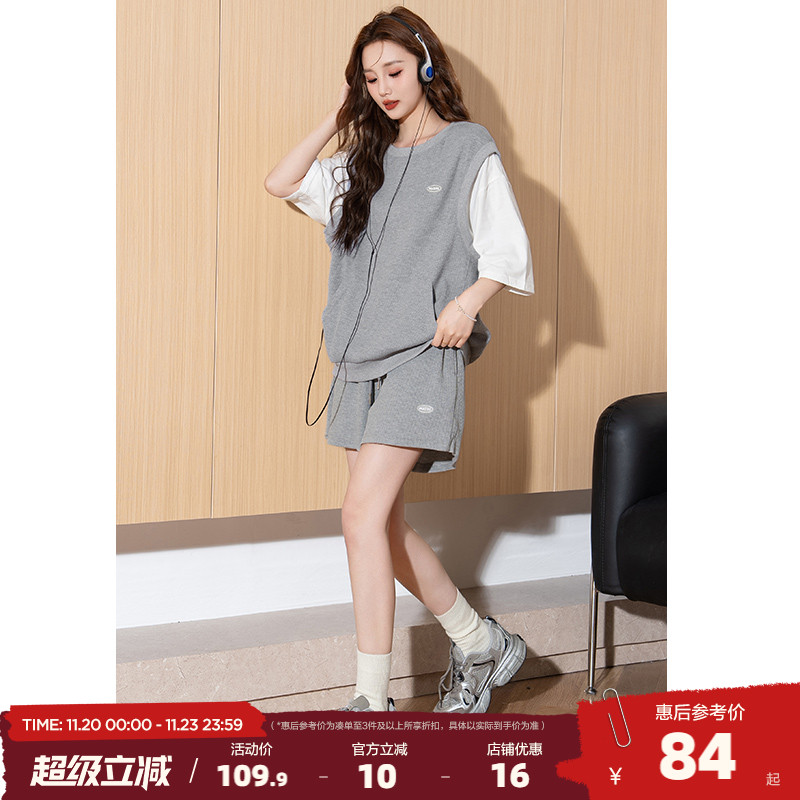 唐狮休闲套装女夏季2025年新款灰色短袖T恤短裤运动套装一整套Q