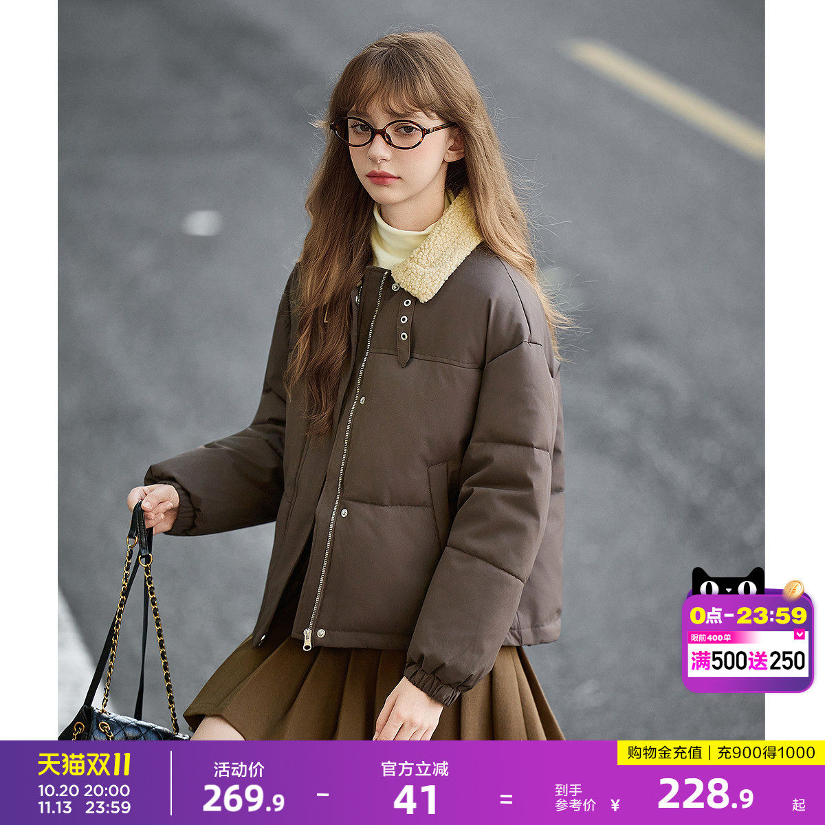 唐狮2026冬季女棉衣翻领短款拼接仿羊羔毛领子保暖防寒加厚时尚