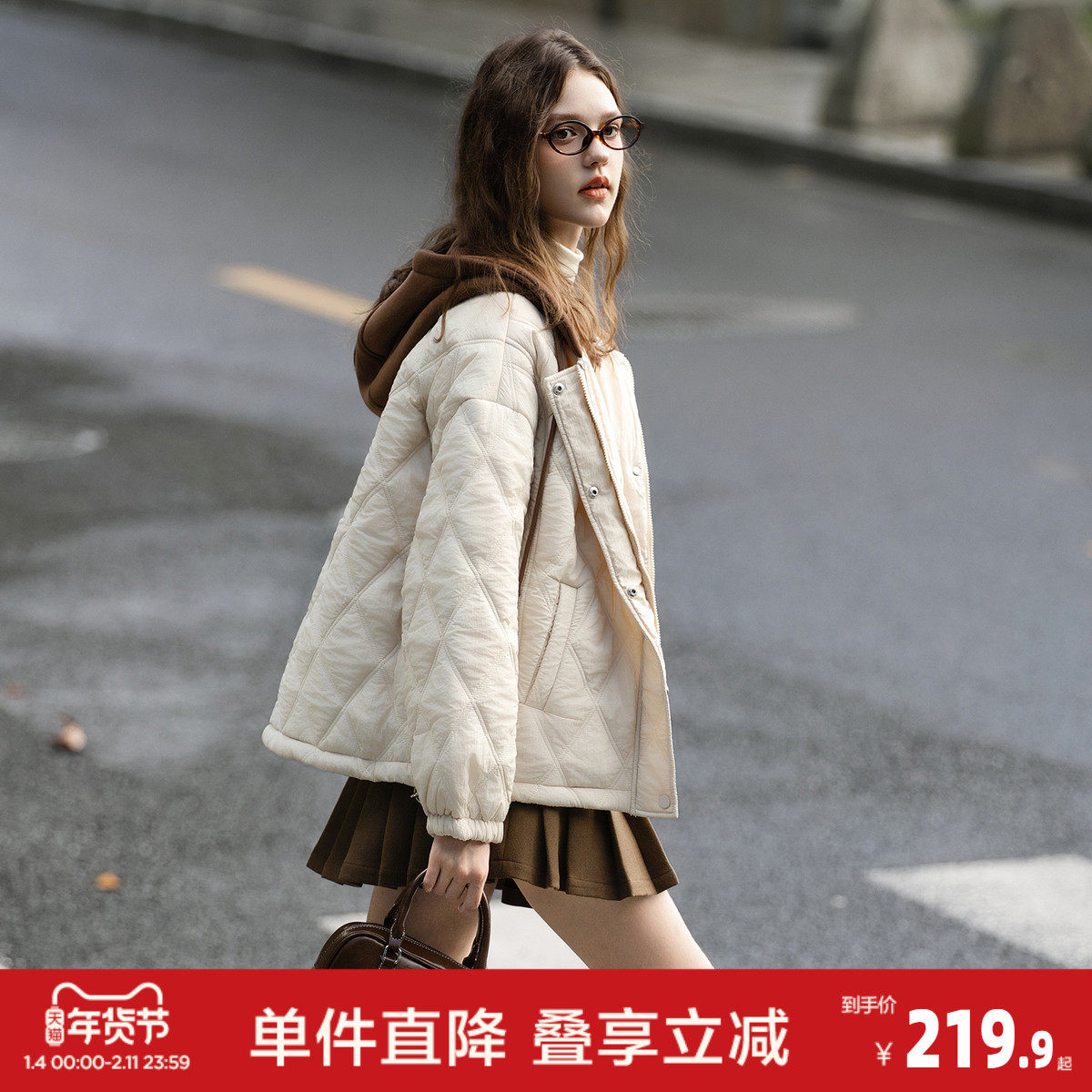 唐狮2026秋冬季短款棉衣连帽女菱格纹拼接撞色简约风厚外套女,女装/女士精品,棉衣/棉服,淘宝优惠券,粉丝福利购,淘宝优惠卷