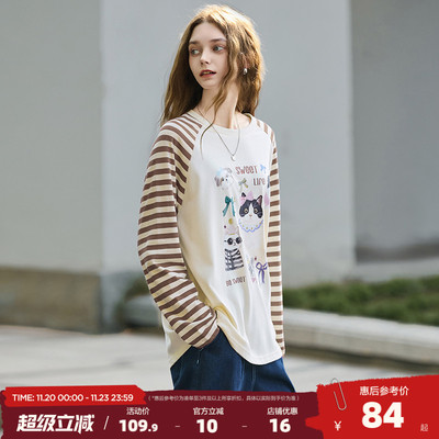 唐狮2025秋季新款长袖T恤女圆领卡通印花宽松条纹撞色插肩袖上衣