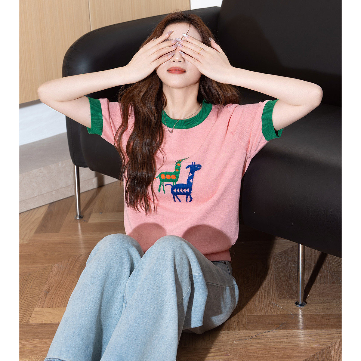 唐狮25夏季新款毛线衫女圆领撞边前胸图案时尚潮流短袖上衣女W
