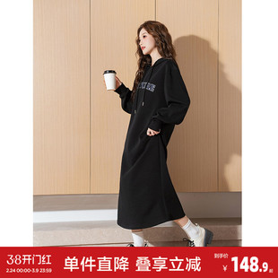 唐狮连帽加绒卫衣裙女长款连衣裙秋冬款宽松长袖针织裙黑色裙子y1