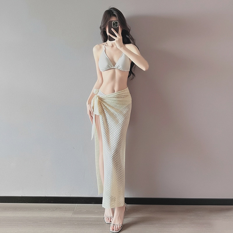 泳衣女纯欲风性感分体长裙比基尼三件套带罩衫泡温泉沙滩度假泳装