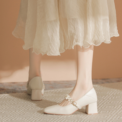 法式方头粗跟玛丽珍单鞋高跟鞋