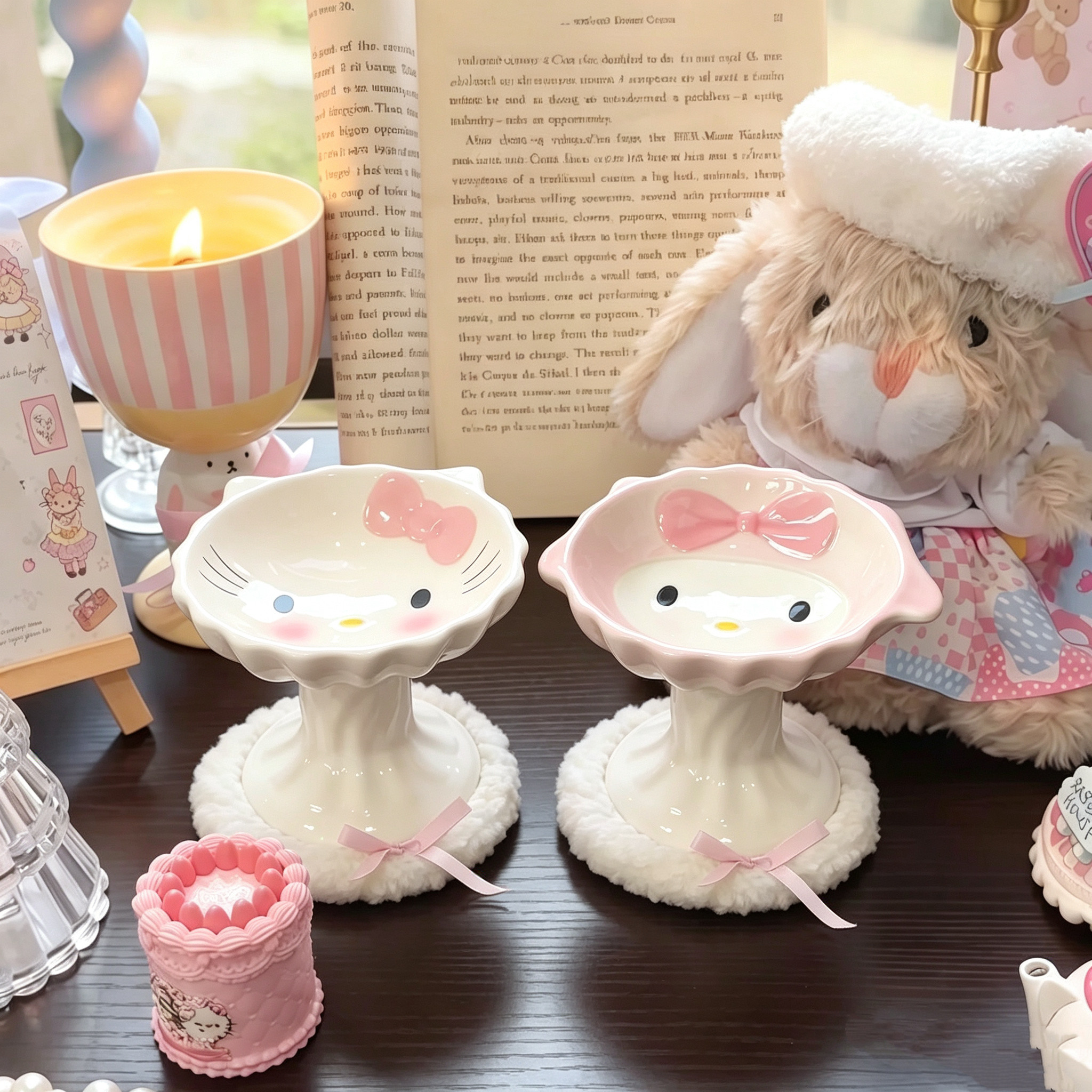 立体高脚hellokitty美乐蒂陶瓷猫碗饭碗粮碗喝水碗罐头宠物碗护颈
