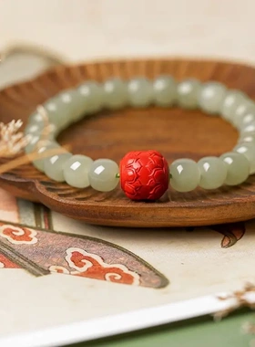 天然高品质和田玉老型珠朱砂并蒂莲转运手串女单圈手链母亲节礼物