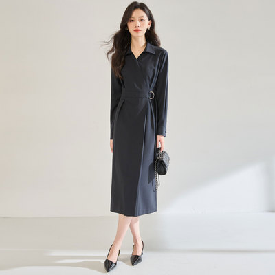 26春季优雅气质通勤收腰显瘦衬衫翻领不对称斜襟长袖连衣裙25565