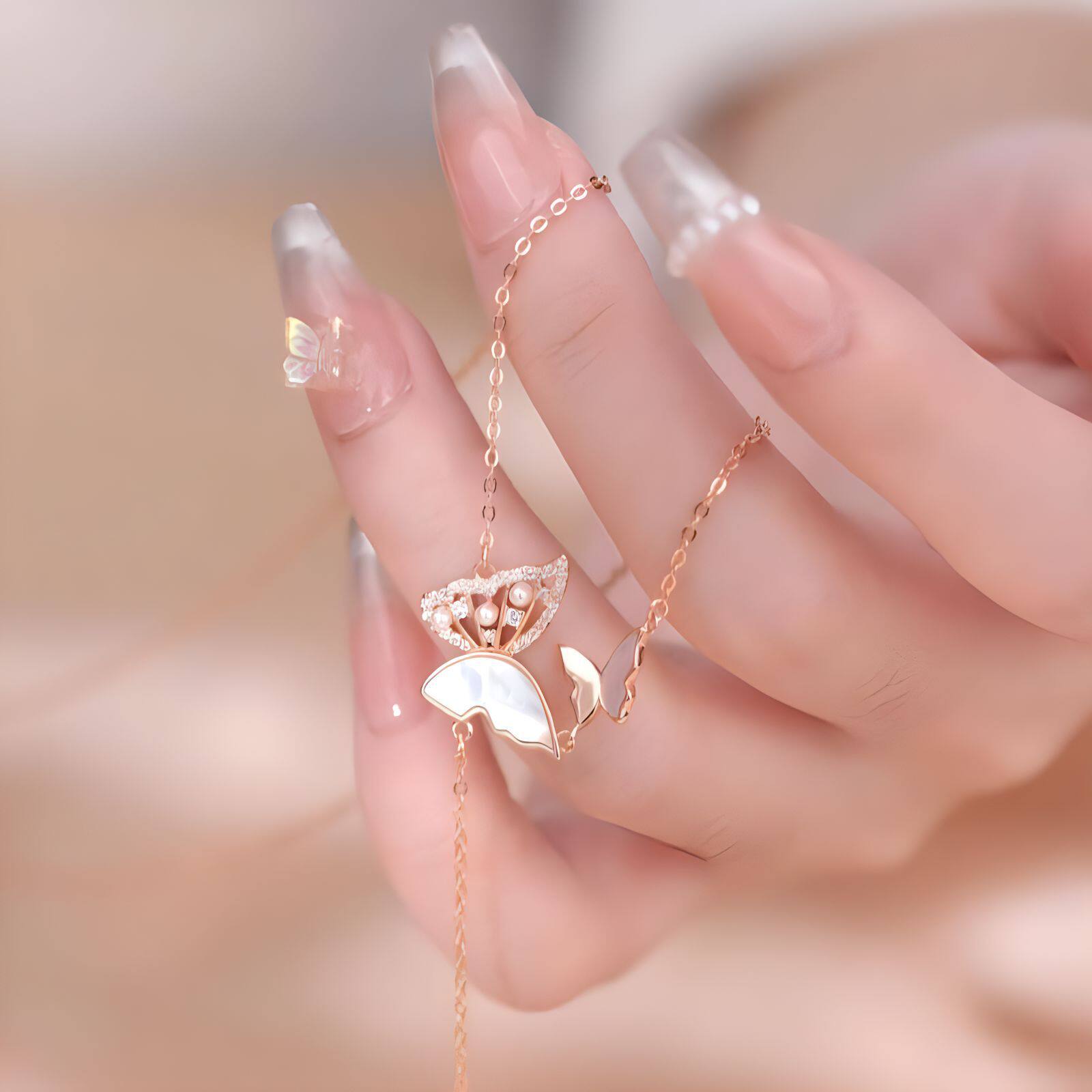 银贝s925纯银天然彩贝梦幻蝴蝶流苏项链女玫瑰金迷人气质