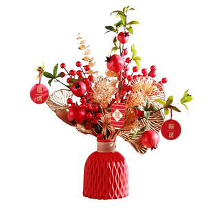 冬青红果发财果新年花束春节仿真花装饰花瓶摆件客厅福桶套装成品