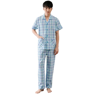 良幸新款纯棉睡衣男士100全棉夏季短袖套装格子可出门休闲家居服