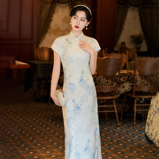 新中式青花瓷白色旗袍高档复古国风改良中式旗袍夏女