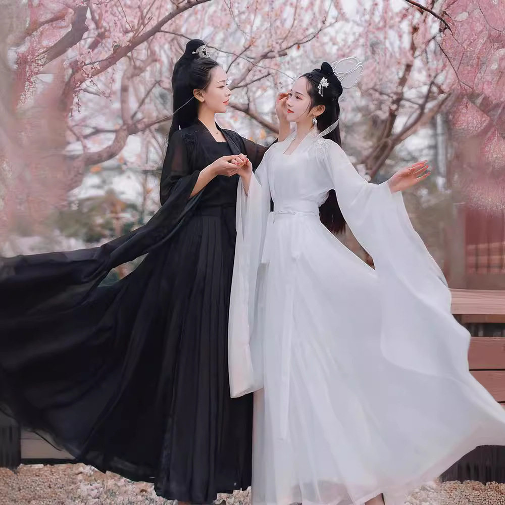 琴瑟和鸣汉服黑色白色交领齐腰大袖衫汉服广袖裙夏季仙气汉服