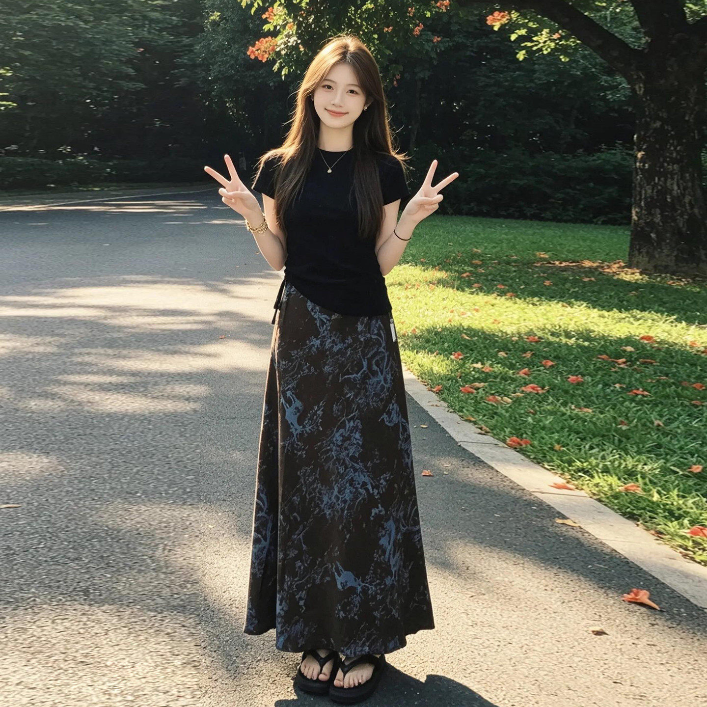 新中式黑色短袖碎花半身