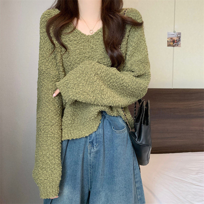 粉色V领针织打底衫女早春