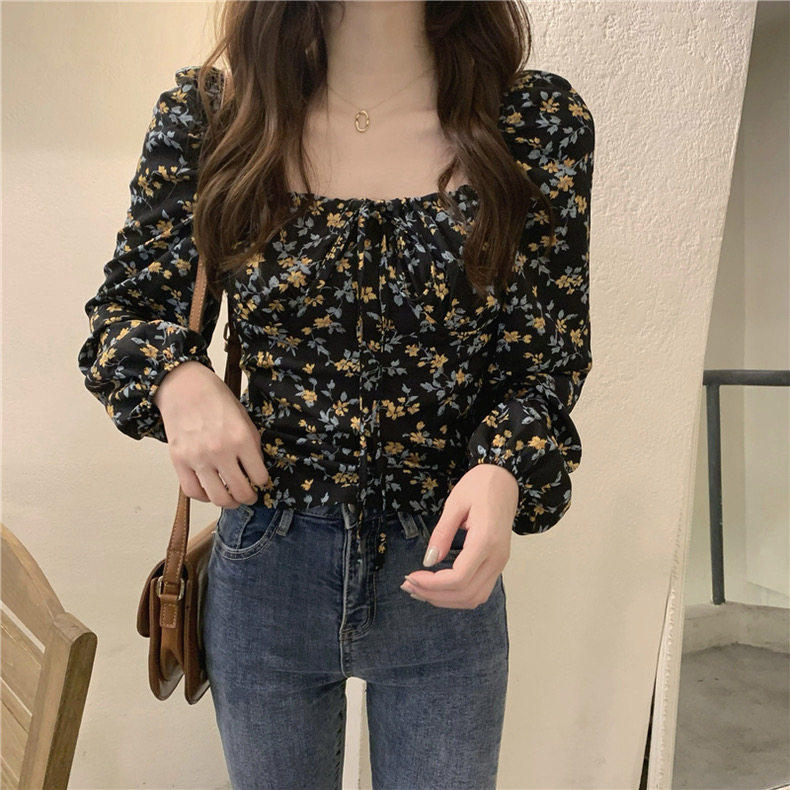 法式方领正肩泡泡袖碎花衬衫女春季新款大尺码胖mm今年流行漂亮小