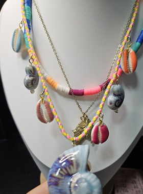 锦绣微光 陶瓷海螺天然贝壳  叠戴项链 软陶可单拆