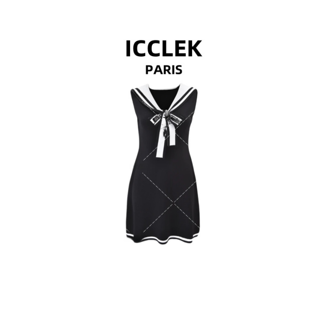ICCLEK ICCLEK 2025新款原创黑色V领海军领无袖针织连衣裙-1322