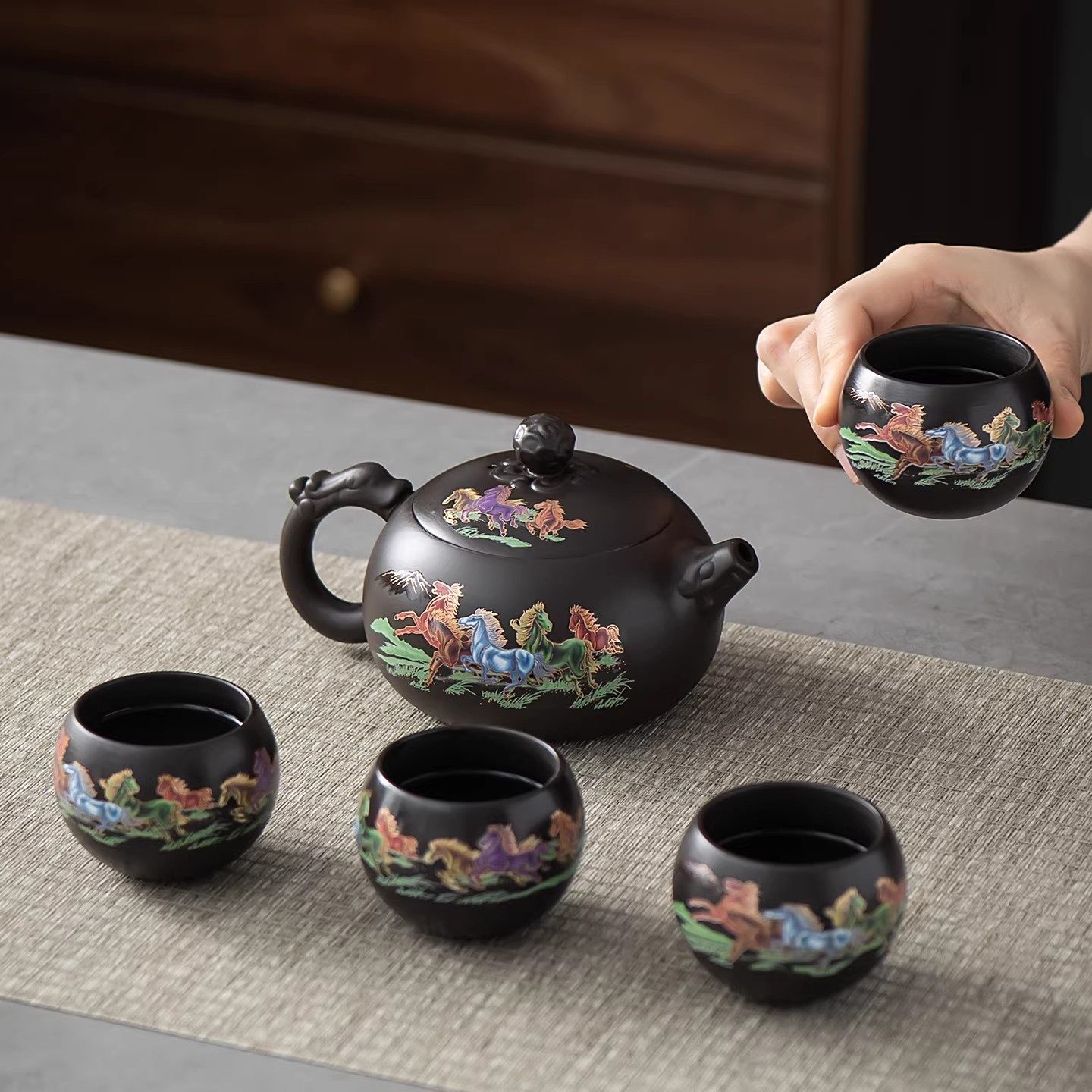 500c大容量凤鸣壶马到成功遇热变色原矿紫砂壶高档纯手工家用茶壶