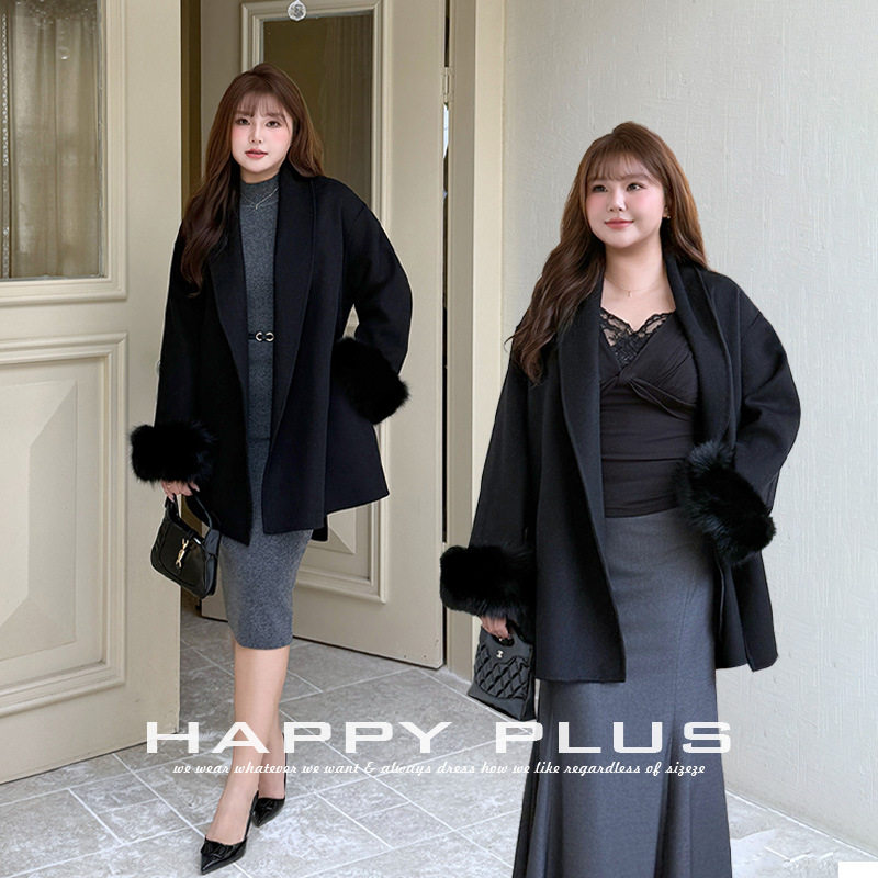 happyhut加肥加大码女装200斤胖mm法式狐狸毛双面呢羊毛大衣外套