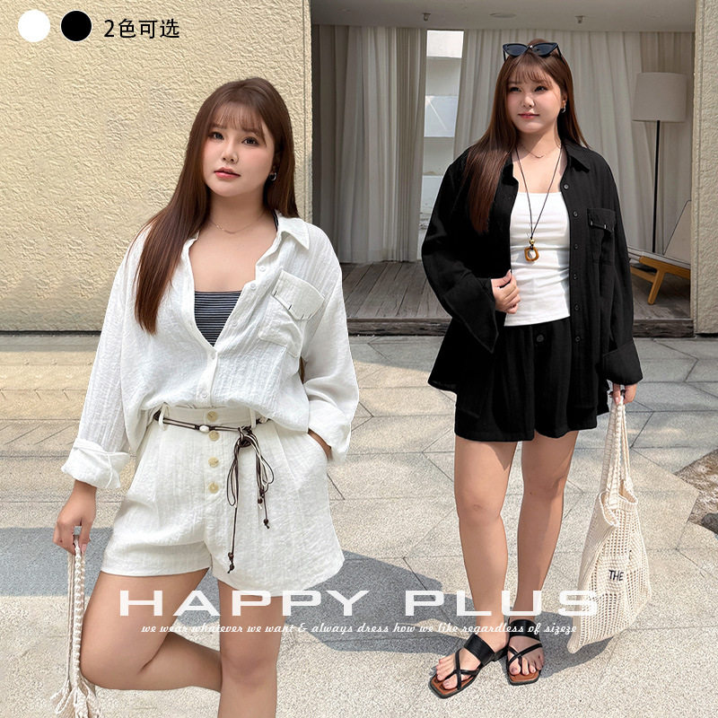 happyhut加肥加大码女装200斤胖mm宽松套装薄款衬衫衬衣短裤套装