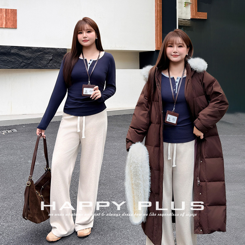 happyhut加肥加大码女装200斤胖mm宽松软糯针织阔腿裤羽绒服套装