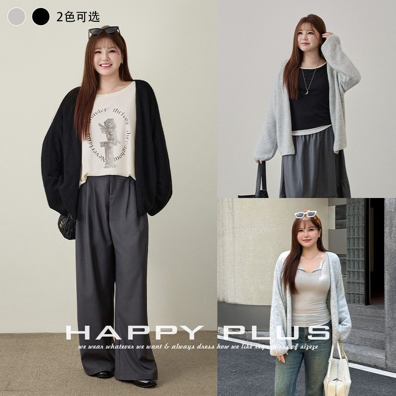 happyhut加肥加大码女装200斤胖mm秋长毛绒针织开衫上衣外套外搭